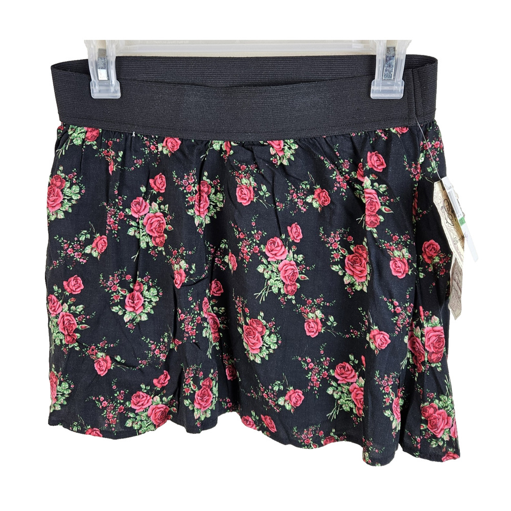 Vtg NWT Mini Skirt Womens L Black Floral Print Fairy Whimsigoth Grunge 90s Y2k